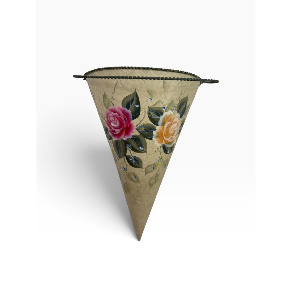 Vintage Hand Painted Metal Wall Pocket Floral Rose Cone Hanging Tussie Mussie